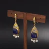 Vintage Gold Antiqued Blue Colored Glass Earrings