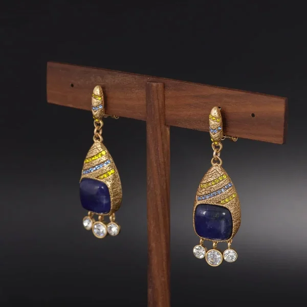 Vintage Gold Antiqued Blue Colored Glass Earrings