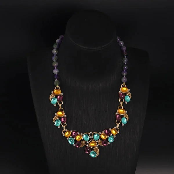 Exquisite Vintage Colored Glass Inlaid Natural Stone Necklace
