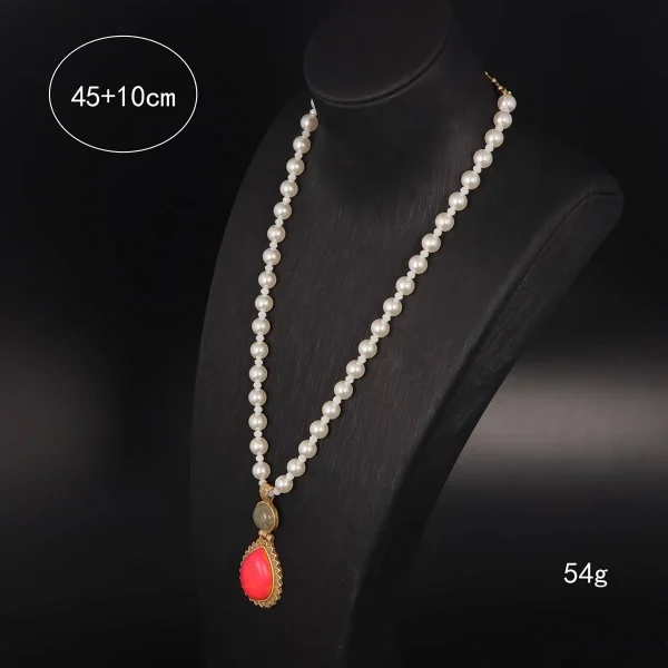 Vintage Red Natural Stone and White Colored Glaze Necklace