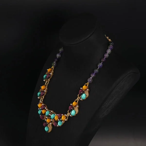 Exquisite Vintage Colored Glass Inlaid Natural Stone Necklace