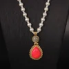 Vintage Red Natural Stone and White Colored Glaze Necklace