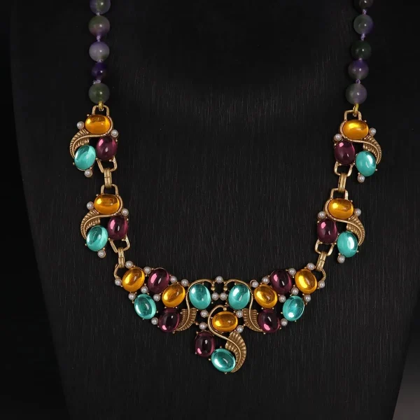 Exquisite Vintage Colored Glass Inlaid Natural Stone Necklace