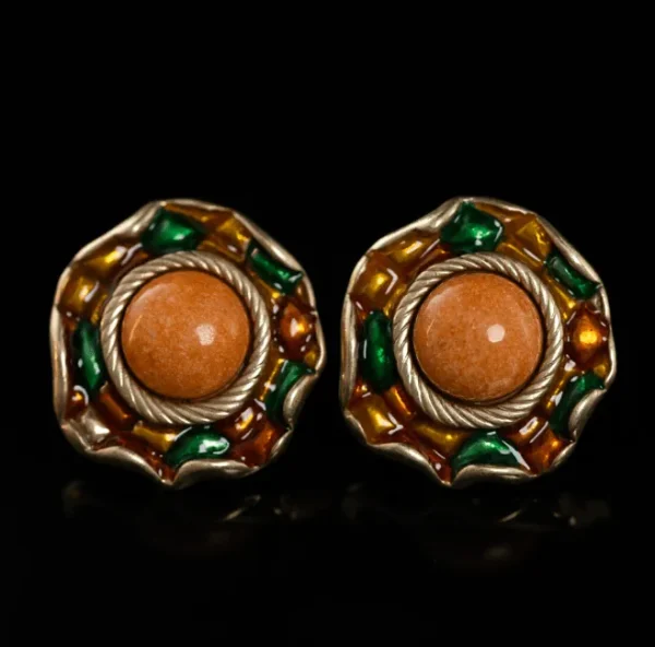 Enamel - Coated Earrings with Yellow Natural Stones