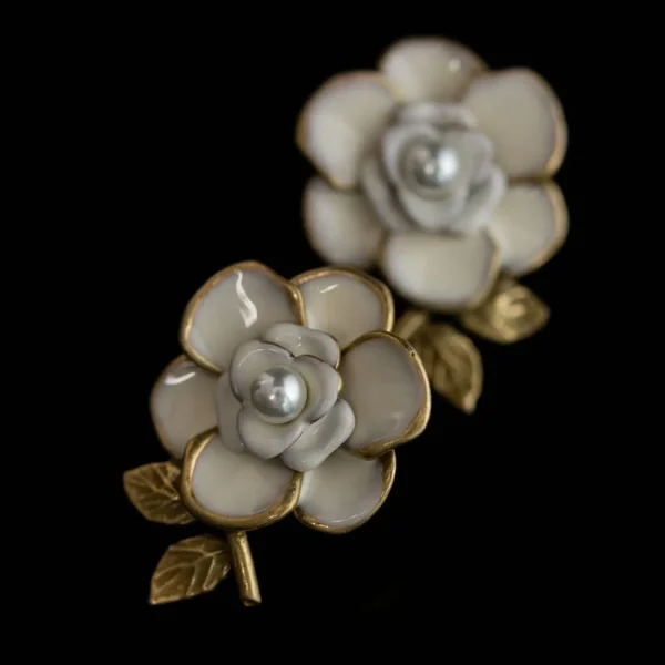 White Enamel Camellia Earrings
