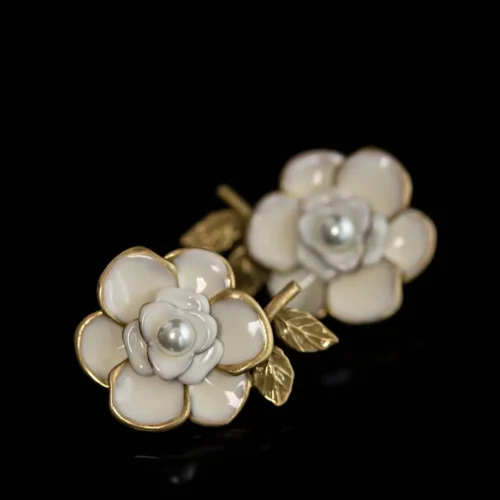 White Enamel Camellia Earrings
