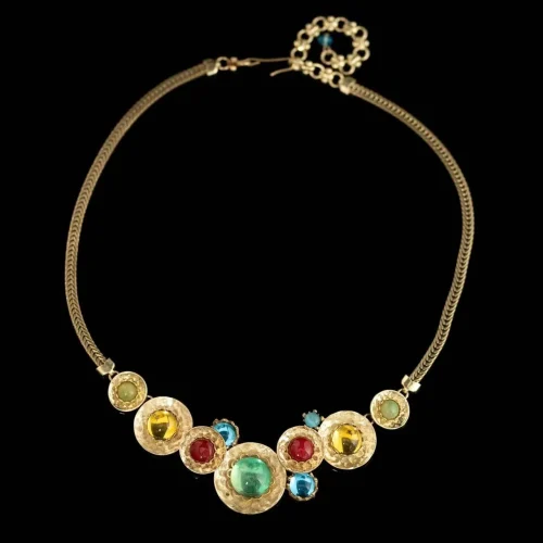 Vintage Gold - Tone Necklace with Round Multi - Color Agate Glass