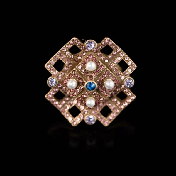 Square Ring with Zircon and Colorful Gem Inlays
